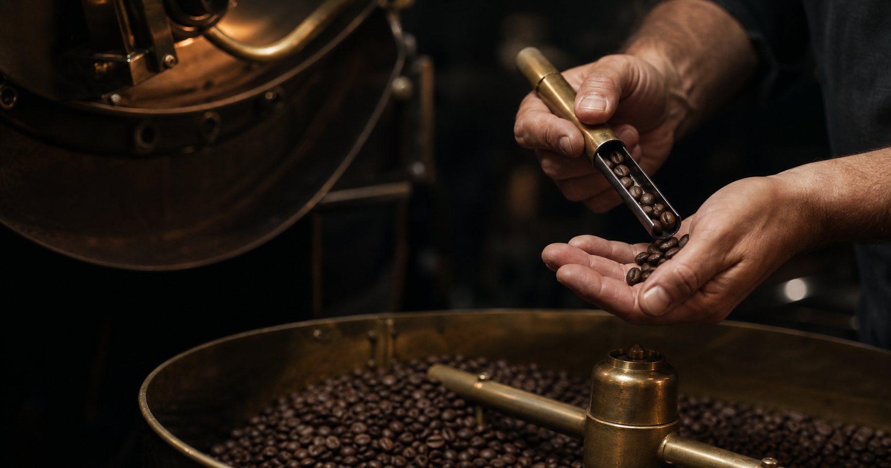 Coffee roaster checking freshly roasted beans