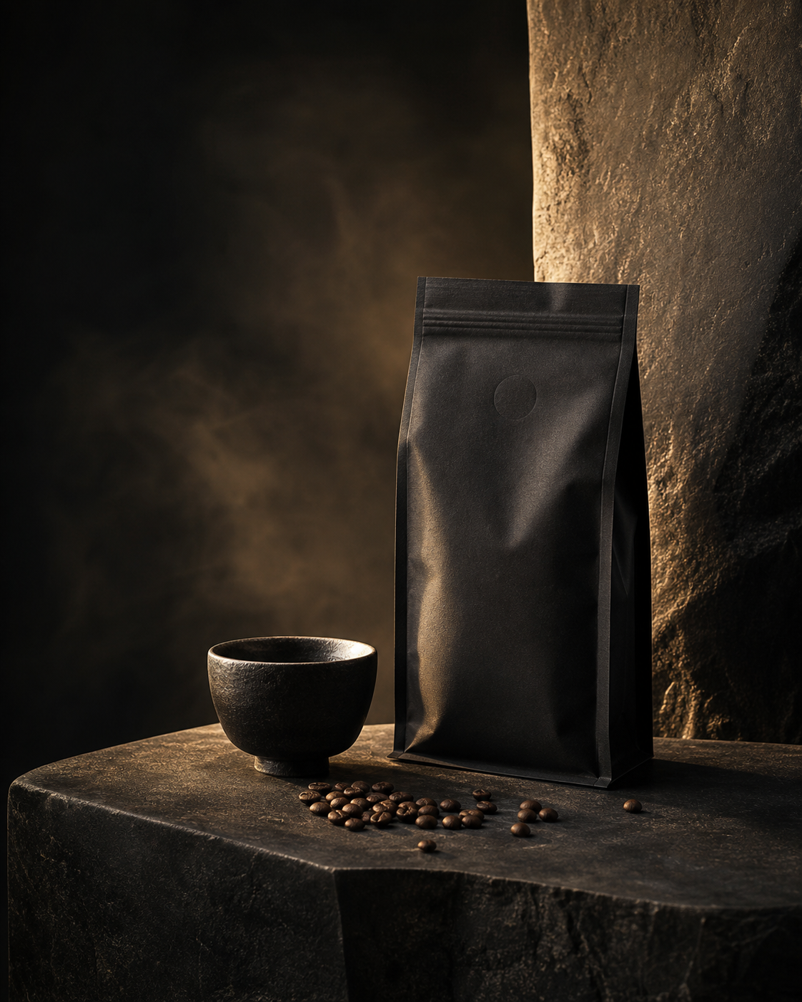 Matte black Brew District coffee package beside a ceramic cup